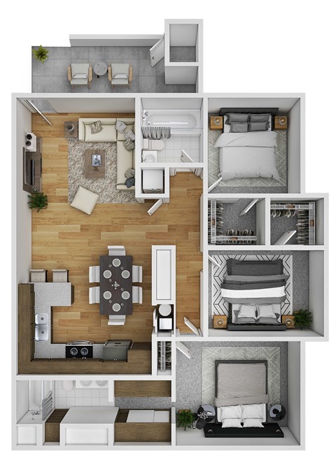 Floor plan for 3 beds, 2 baths, 1310 sqft